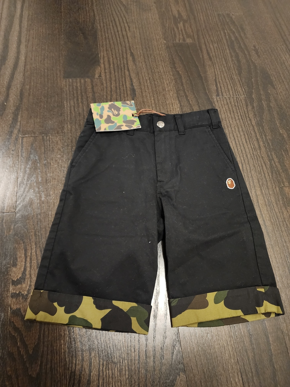 Kids Black Shorts with Camo Cuff and Logo Patch